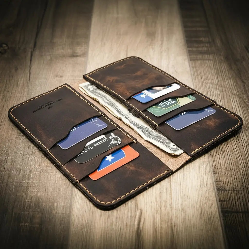 Open dark brown wallet displaying cards and banknotes.