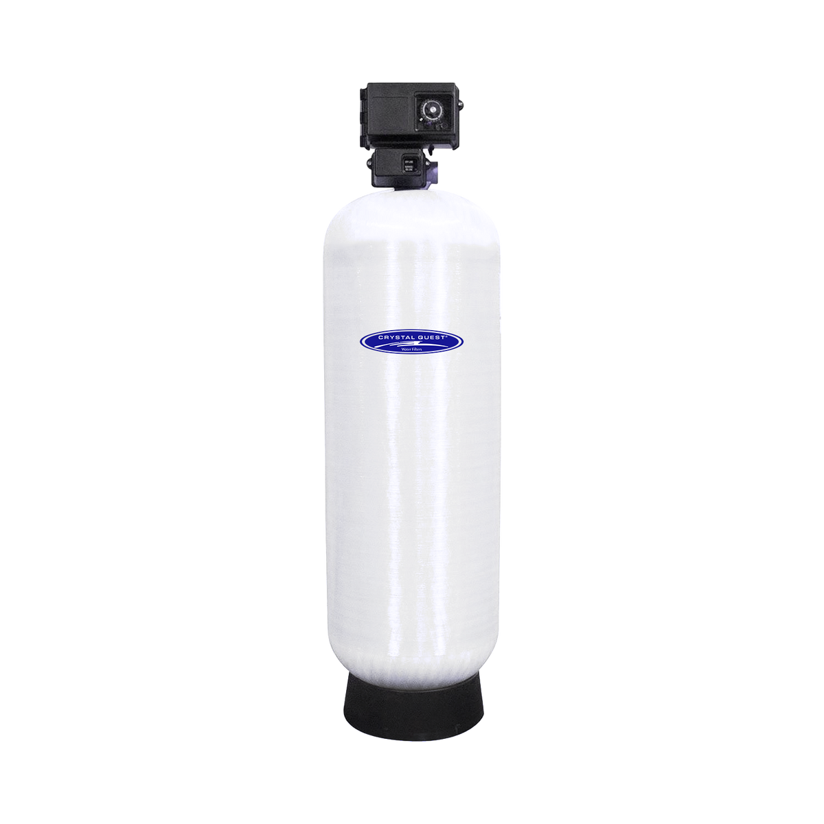 White cylindrical filter cartridge with a rounded shoulder with a square black top fitting and a black base.