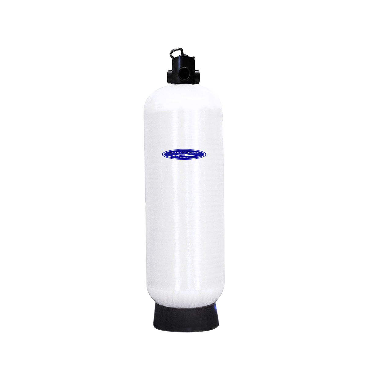 Long white cylindrical filter cartridge with a threaded black top fitting and a black base.