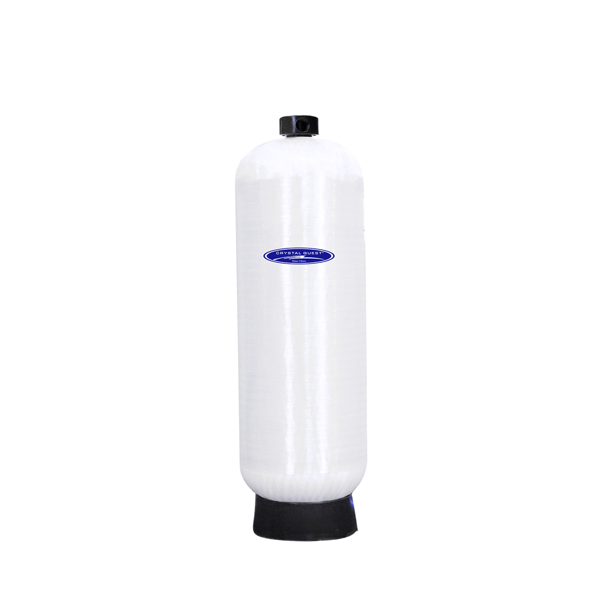 White cylindrical filter cartridge with a rounded shoulder with a small top fitting and a black base.