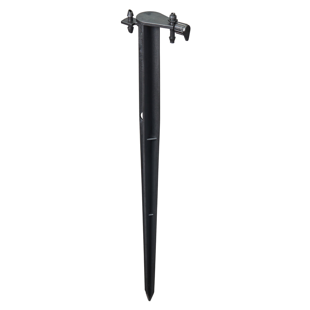Black irrigation stake with top tubing holder.