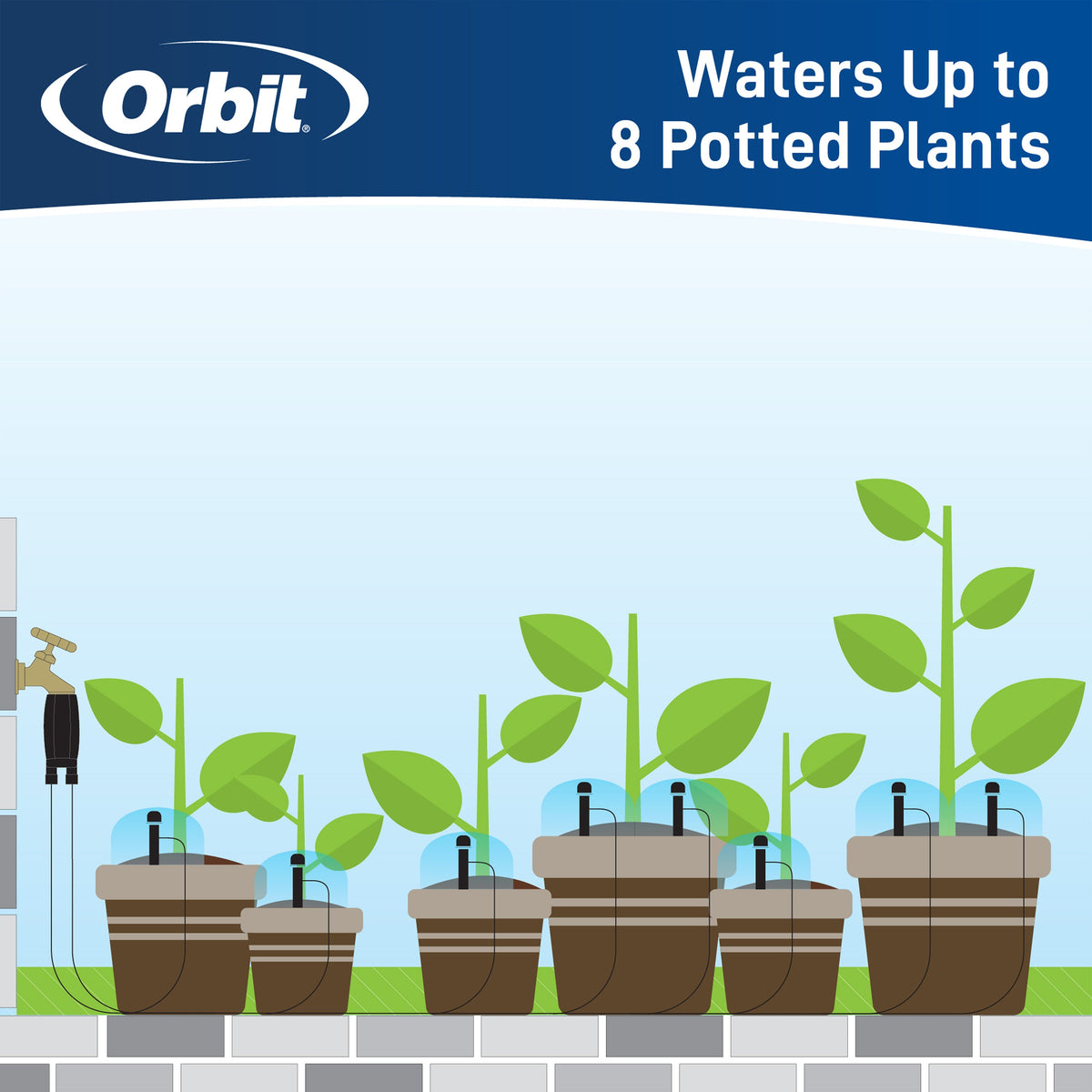 Diagram of drip kit watering several potted plants.