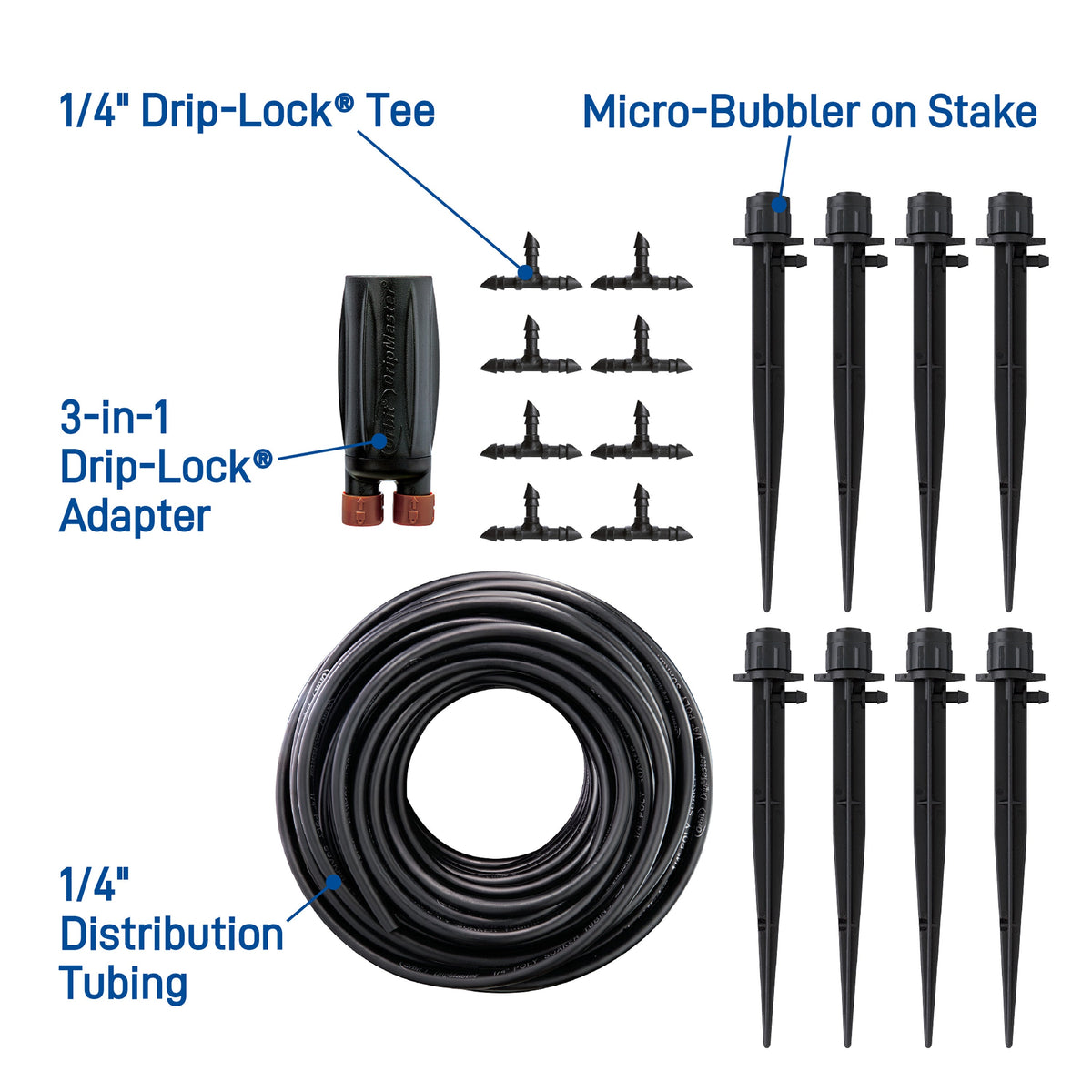 Drip irrigation kit with labeled parts.