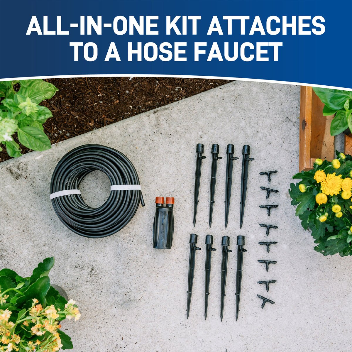 Drip irrigation kit beside faucet-attachment graphic.