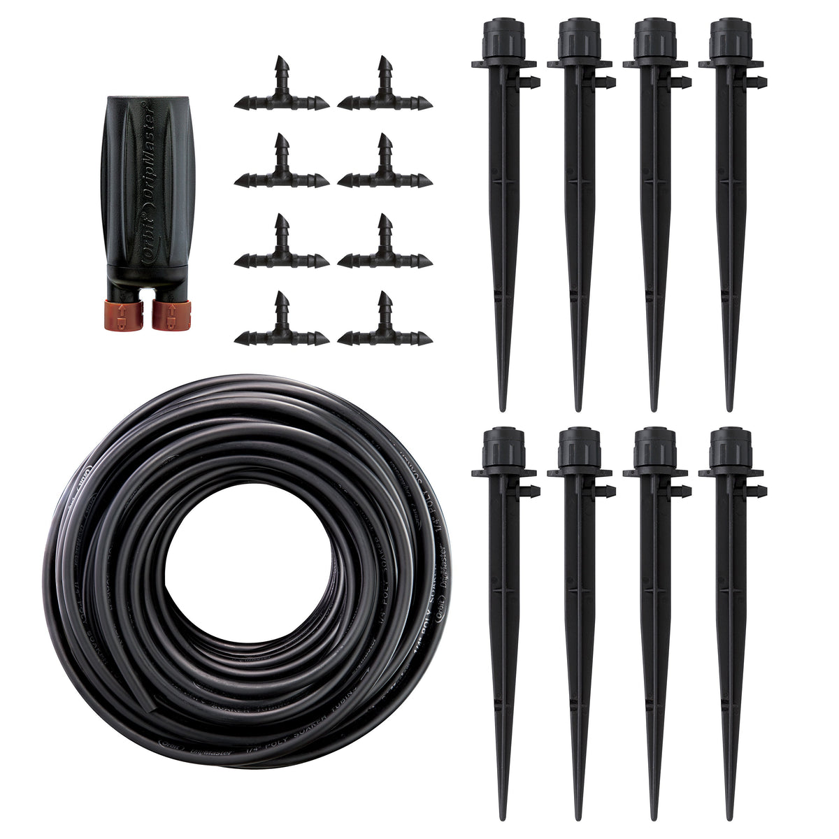 Drip irrigation kit with tubing, stakes and fittings.