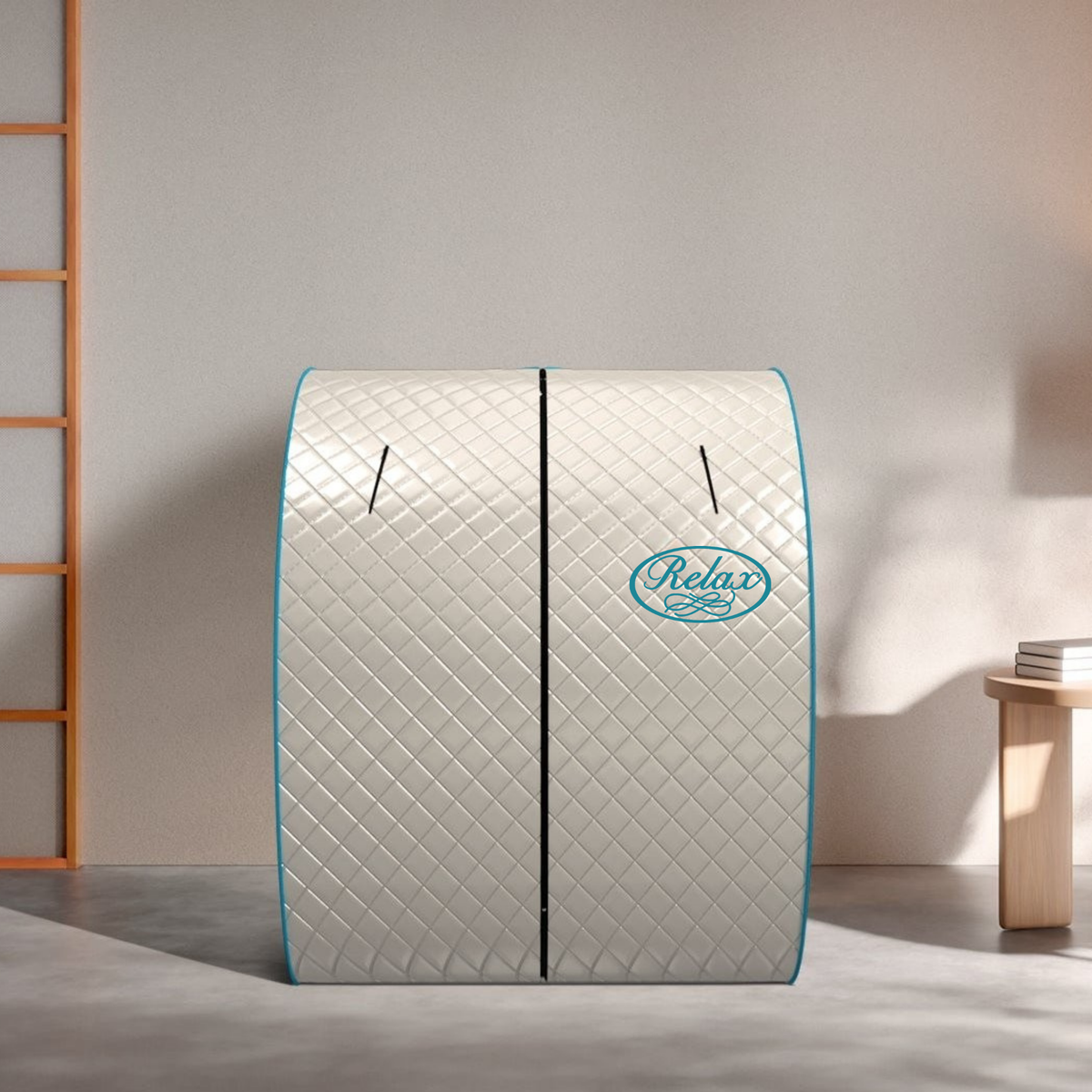 Gray portable sauna enclosure in a room.
