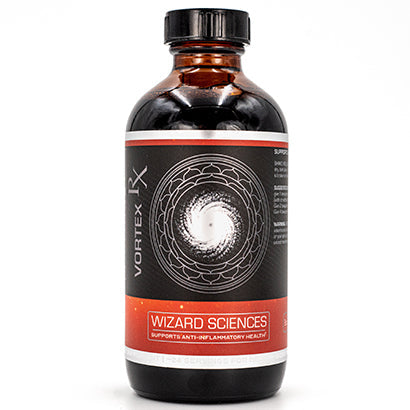 Amber bottle with white spiral design and orange label.