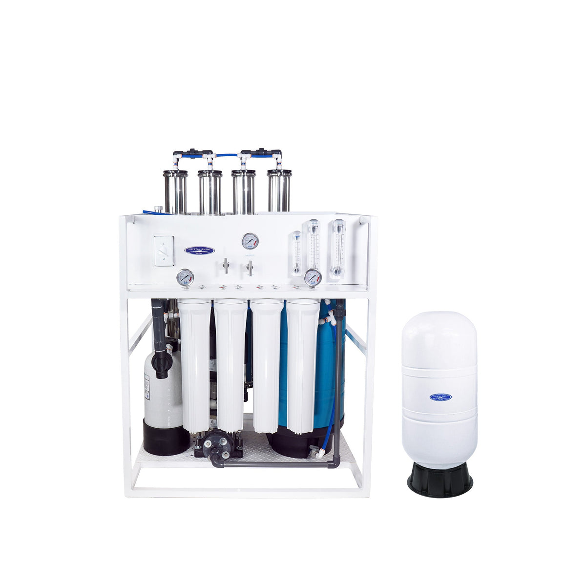 Large water filter assembly beside a white filter cylinder.