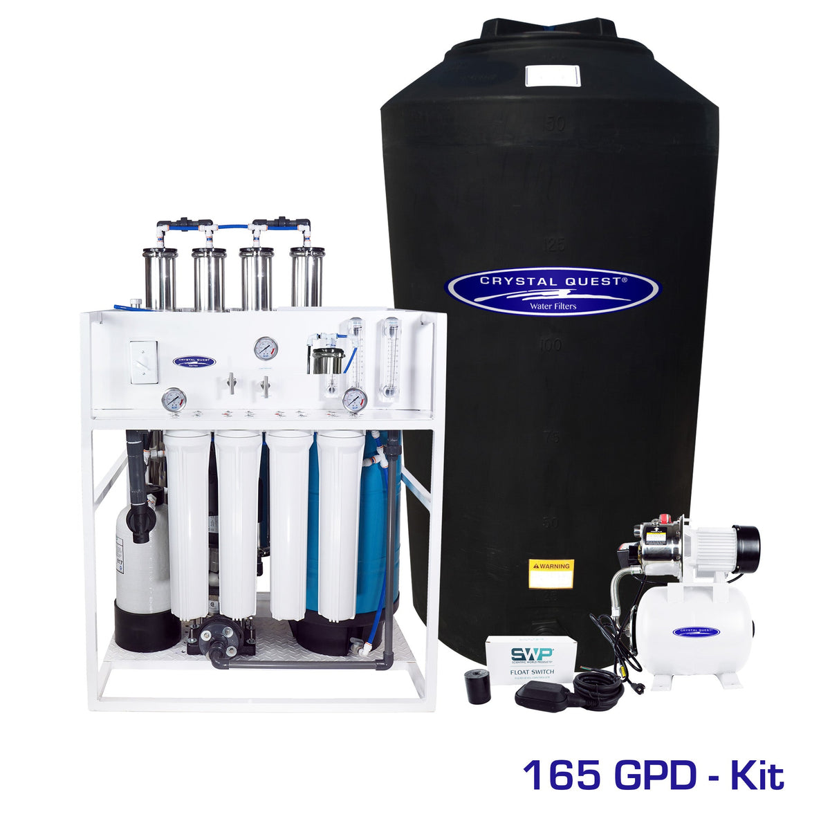 Water filtration kit with a black storage tank, filter assembly and fittings.