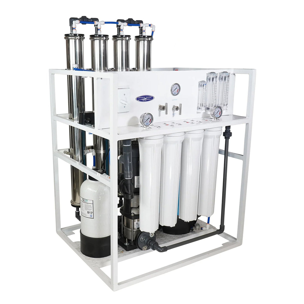 Large water filtration assembly with multiple cylinders, gauges and white filter housings.