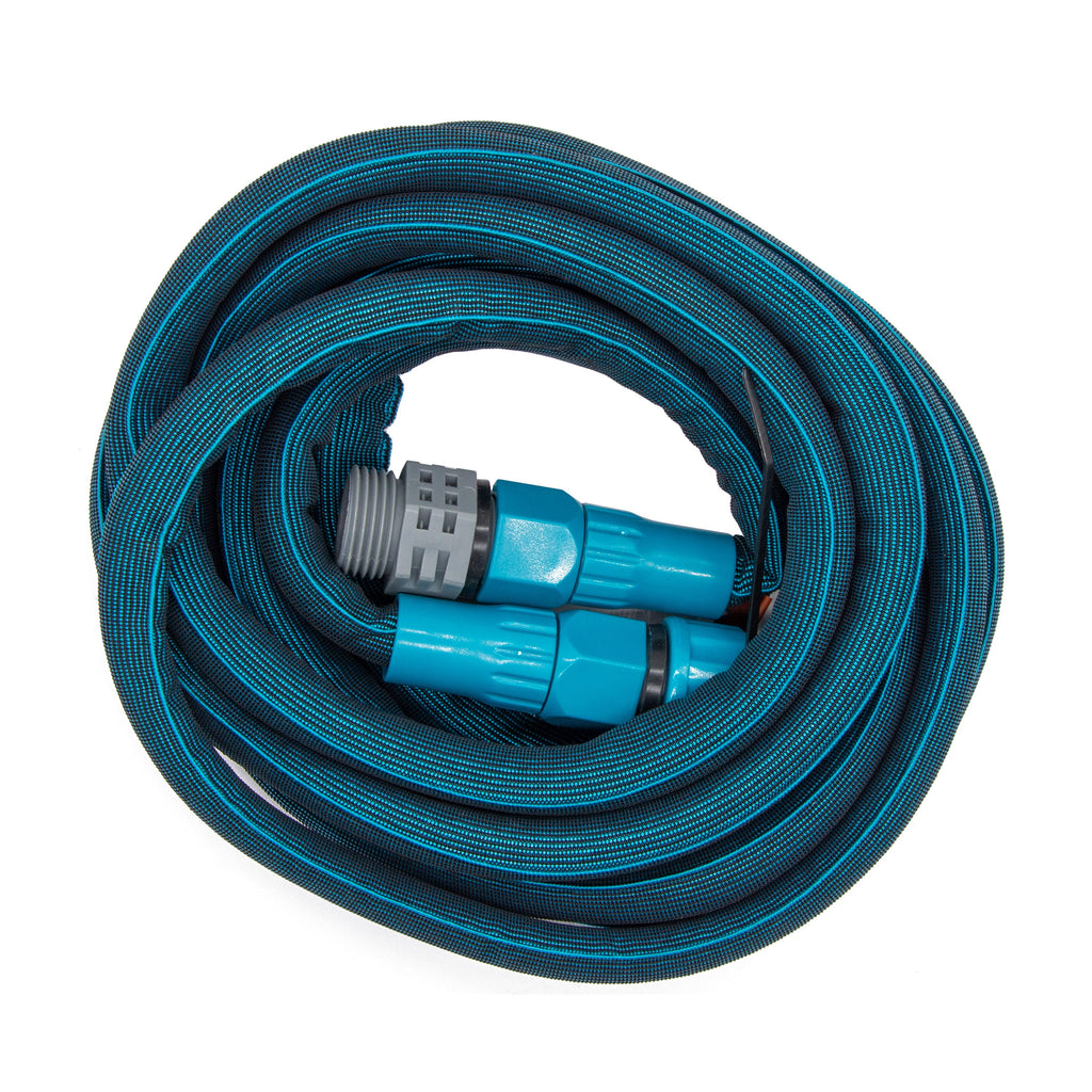 Overhead view of coiled teal hose.