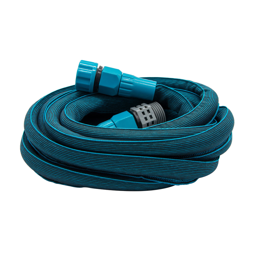 Angled view of coiled teal hose.