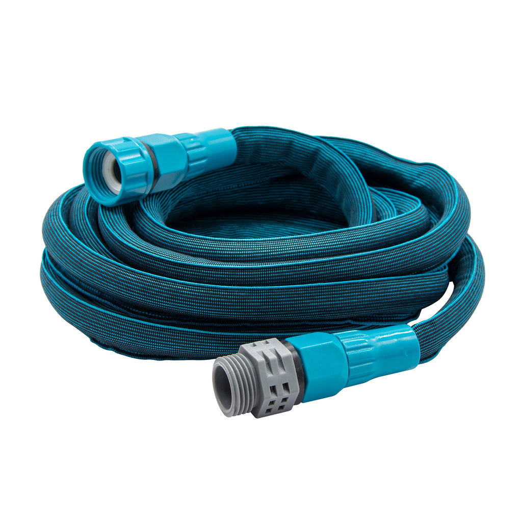 Coiled teal hose with blue and gray connectors.