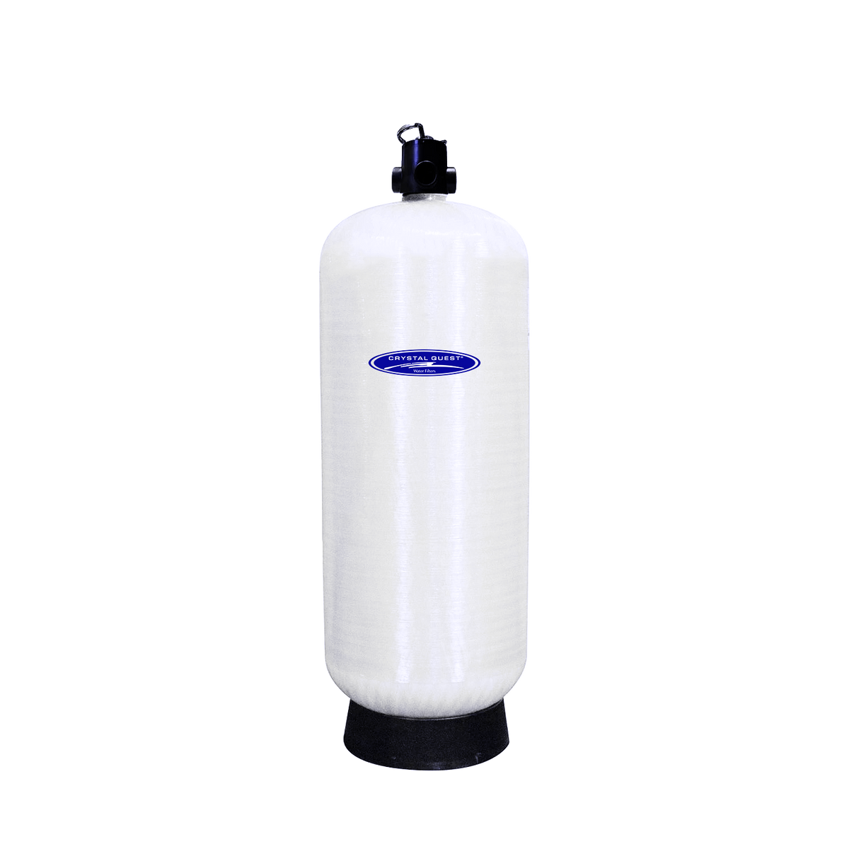 White cylindrical filter cartridge with a rounded shoulder with a threaded black top fitting and a black base.