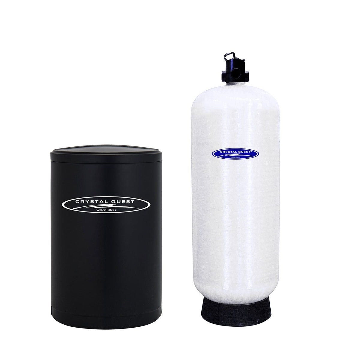 Rounded-shoulder white filter cartridge with a threaded top fitting beside a black protective cover.