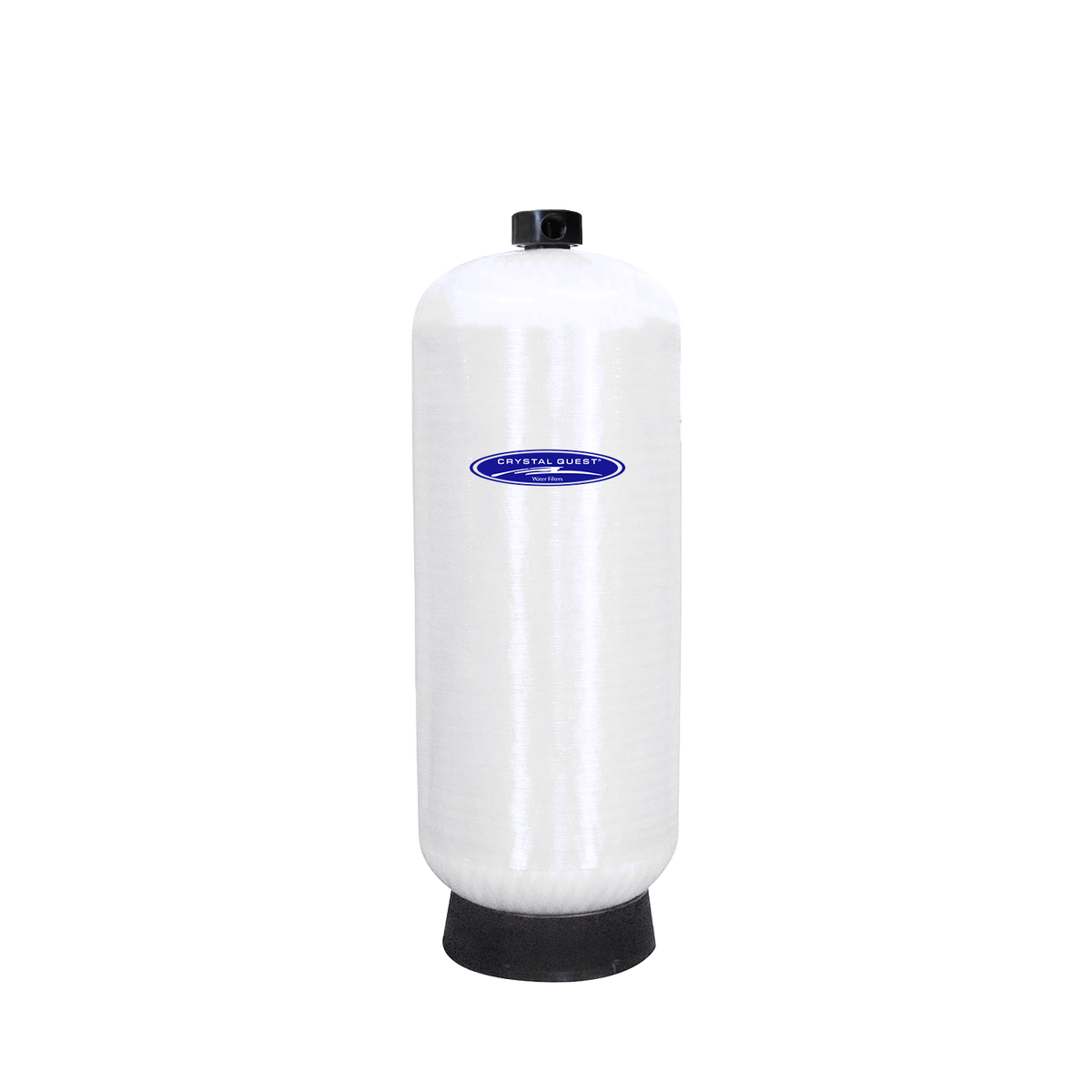 White cylindrical filter cartridge with a rounded shoulder with a small top fitting and a black base.