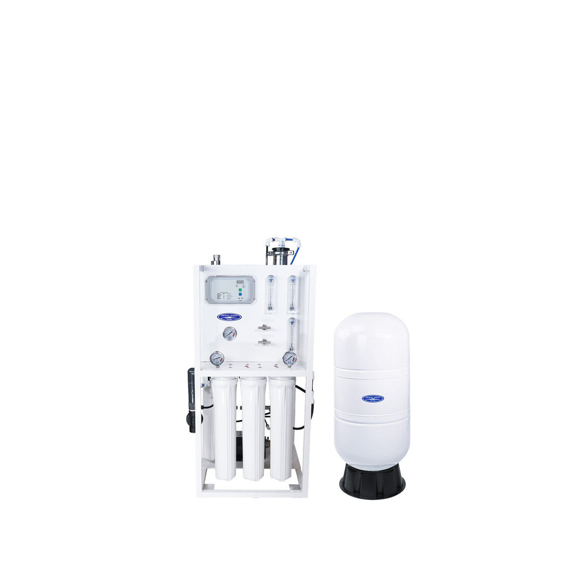 Compact water filter assembly beside a white filter cylinder.