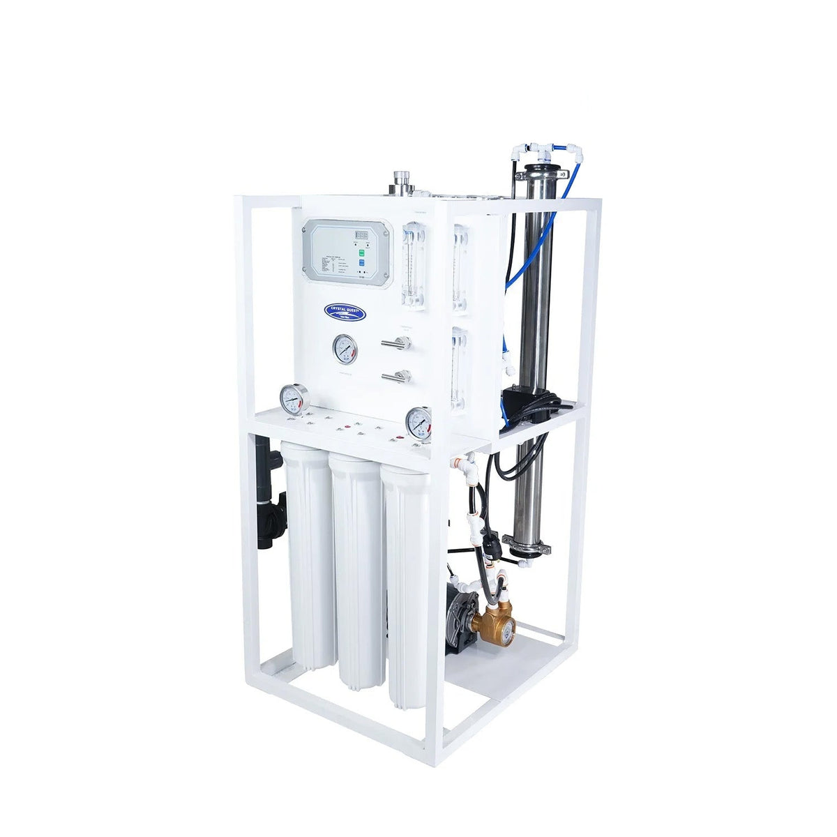 Water filtration assembly on a white frame with gauges, tubing and filter housings.