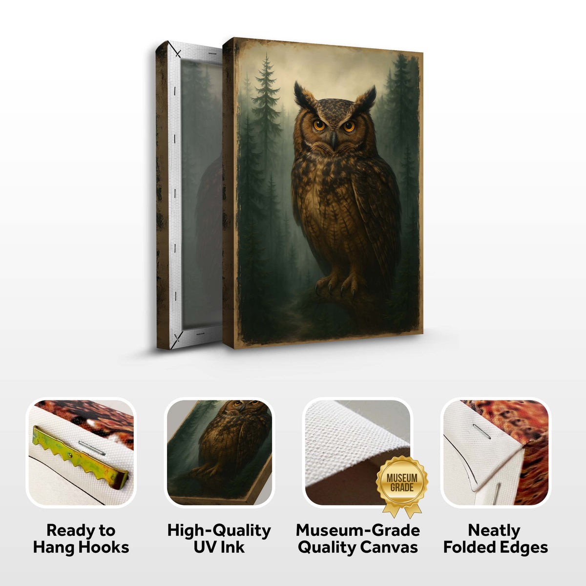 Angled owl portrait canvas with construction-detail graphics.