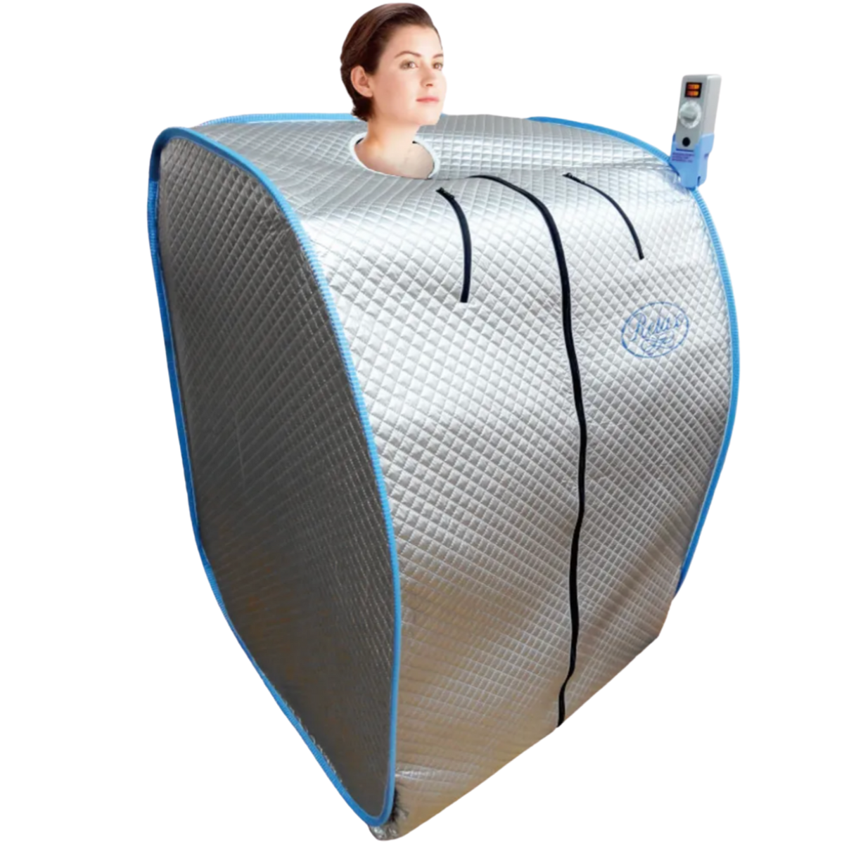 Woman seated inside pale portable sauna enclosure.
