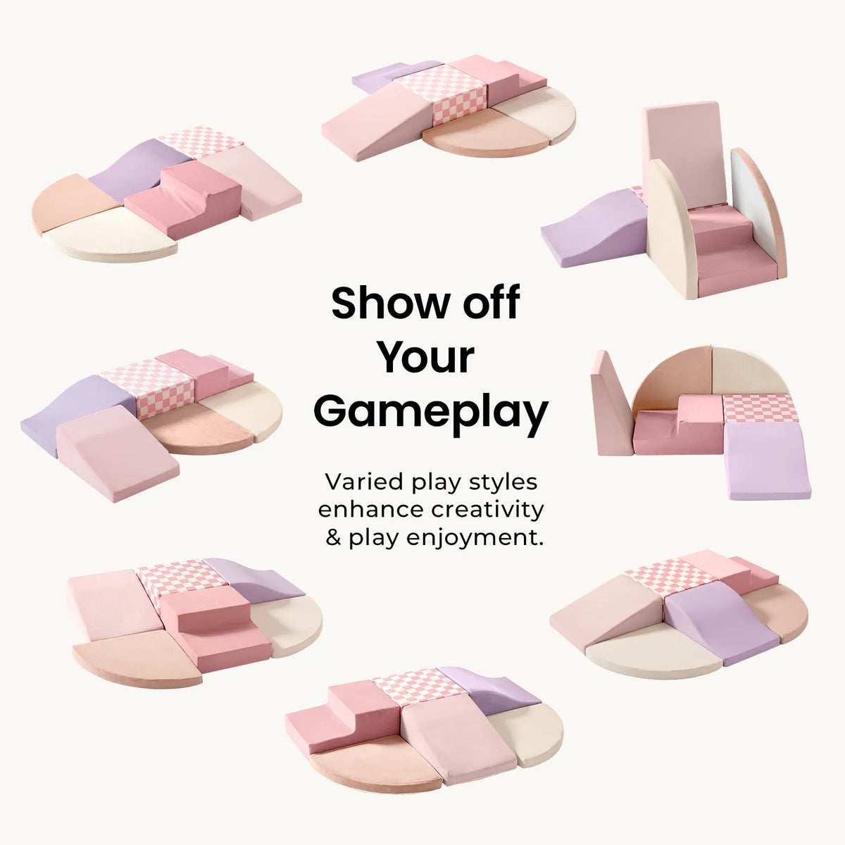 Pink foam climbing blocks arranged in several configurations.