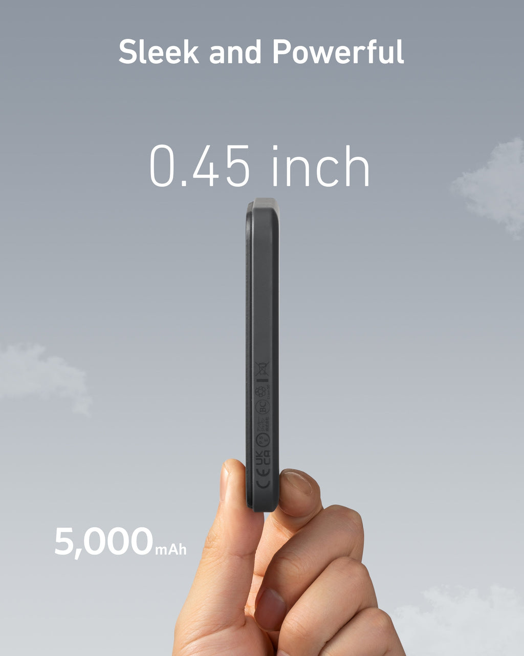 Black magnetic power bank thickness graphic.