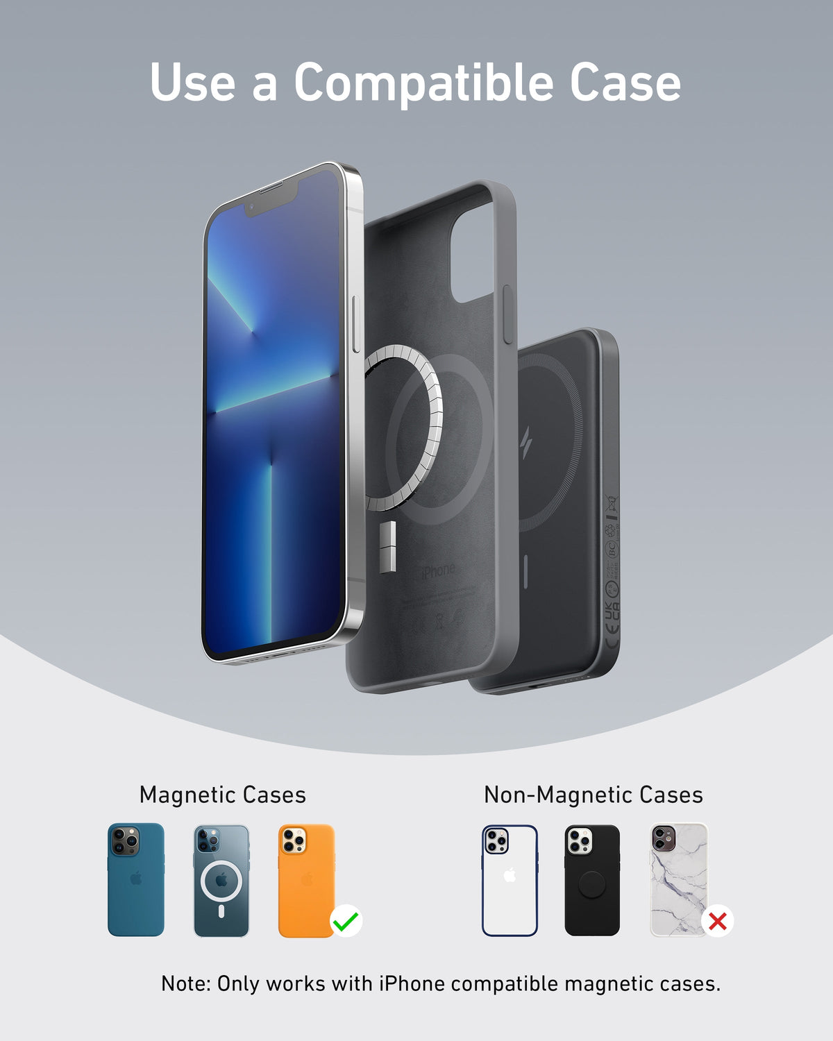 Black magnetic power bank phone case compatibility.
