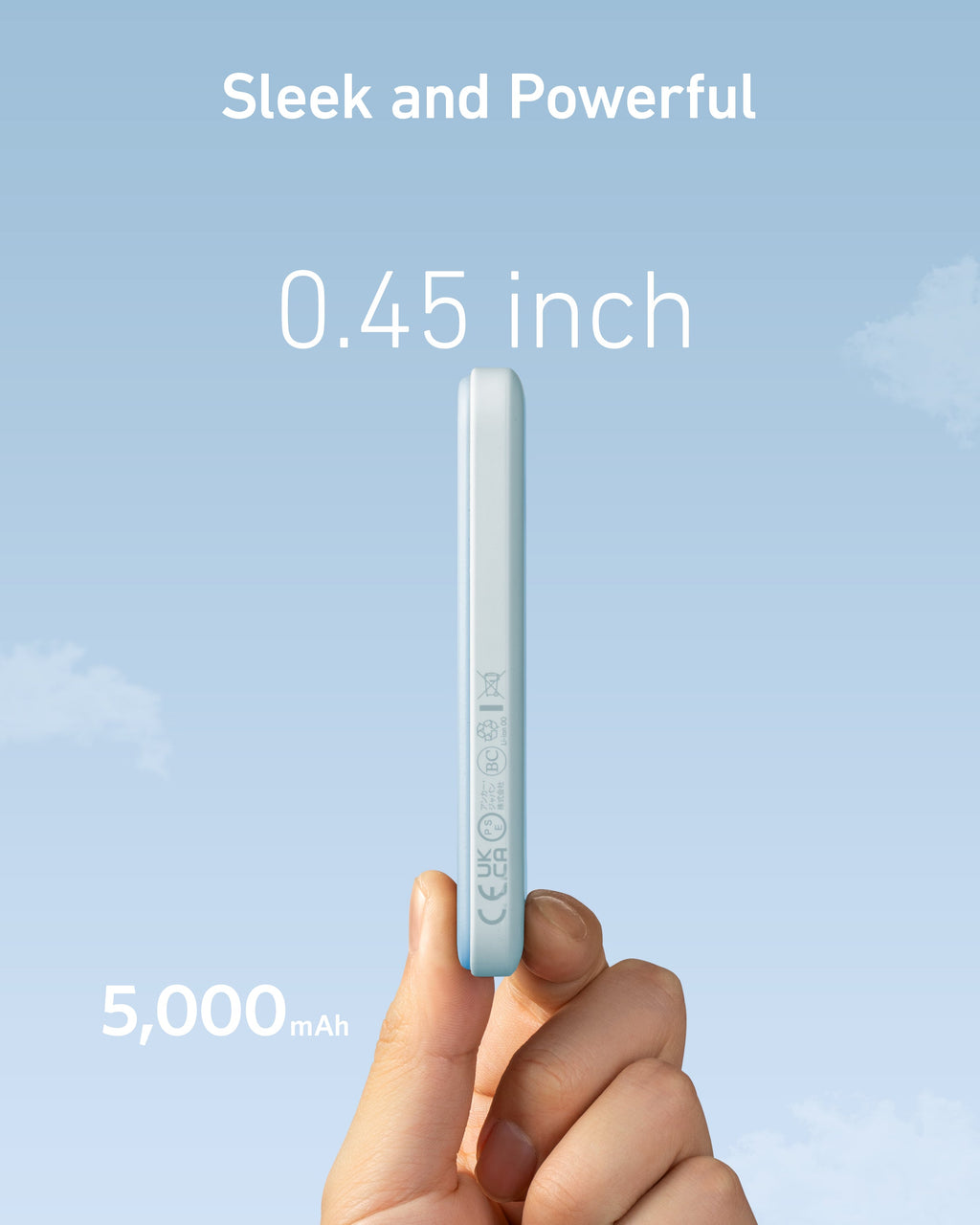 Blue power bank thickness graphic.