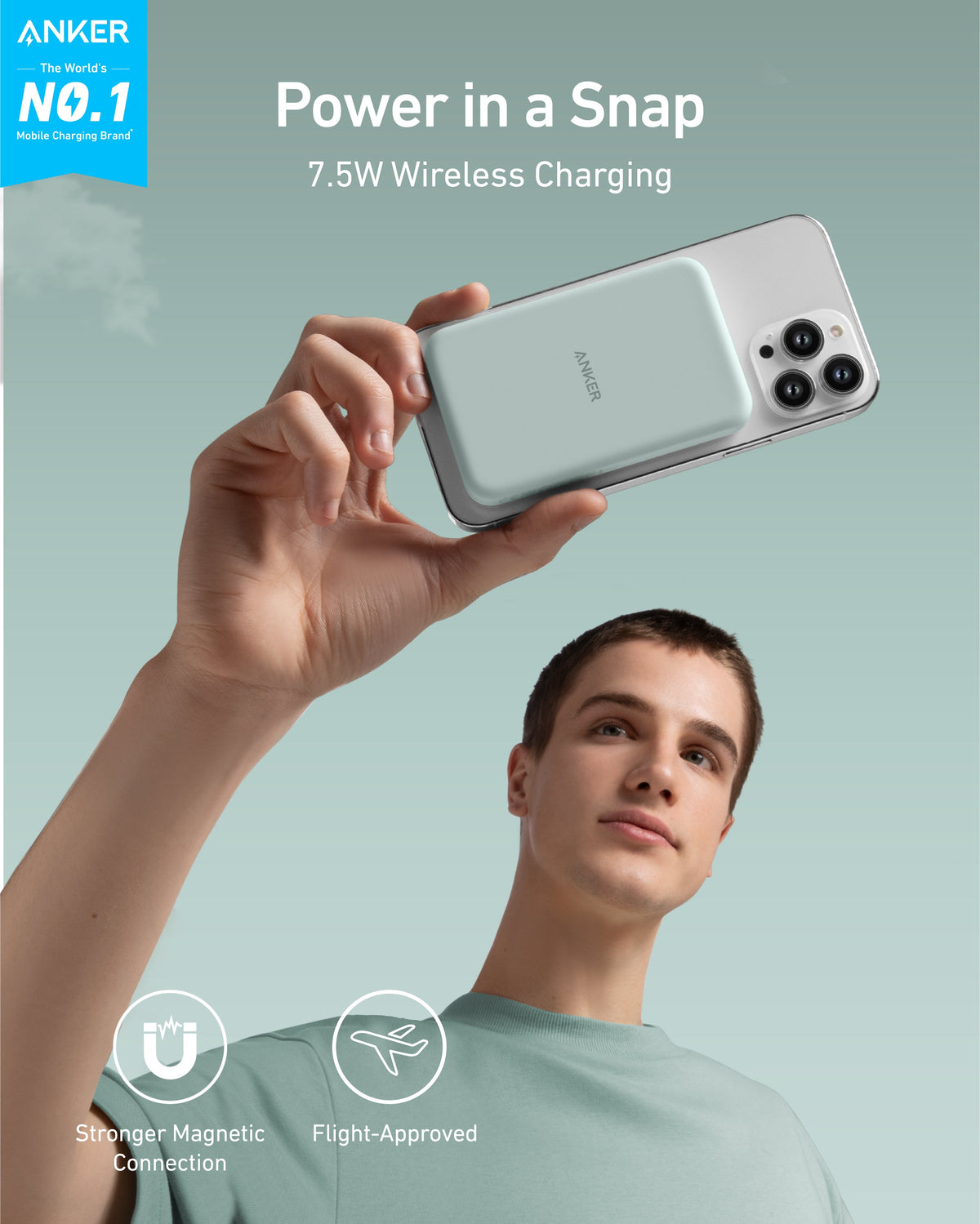 Person using green magnetic power bank.