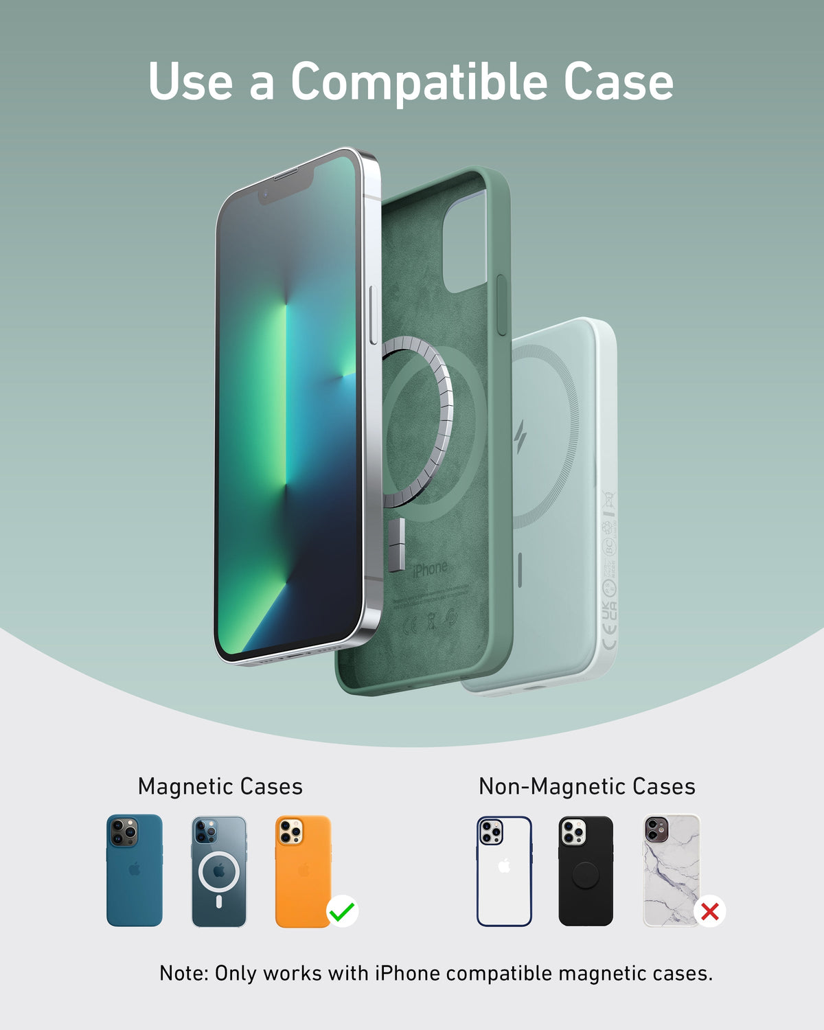 Green magnetic power bank phone case compatibility.