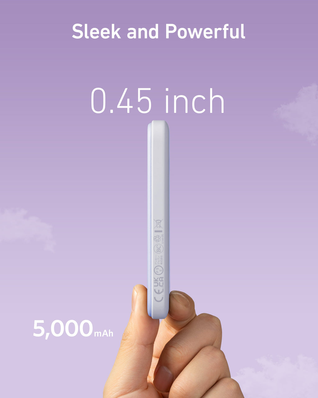 Purple power bank thickness graphic.