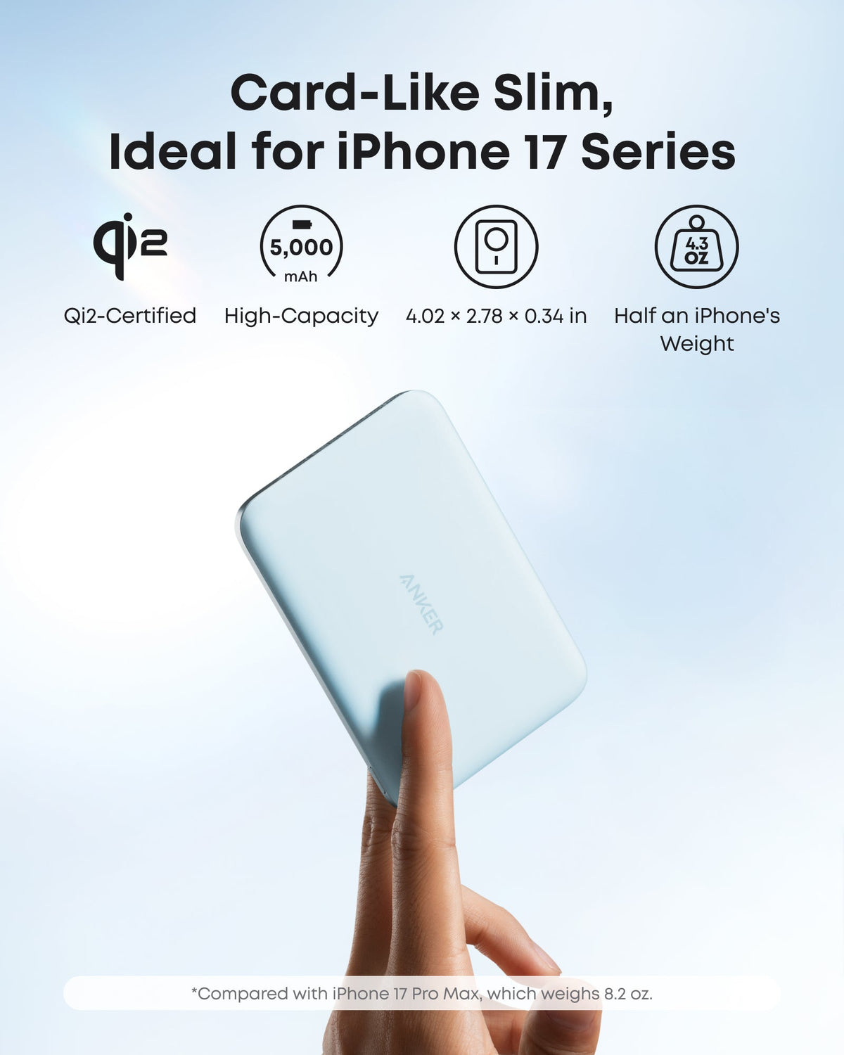 Pale blue power bank slim profile graphic.