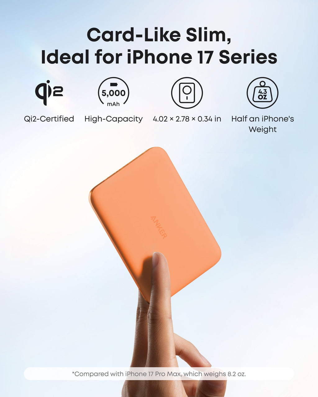 Orange power bank slim profile graphic.