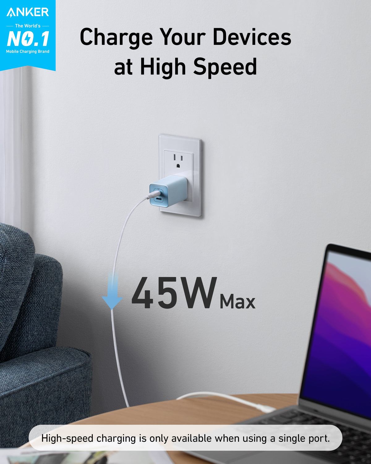 Blue wall charger device charging graphic.