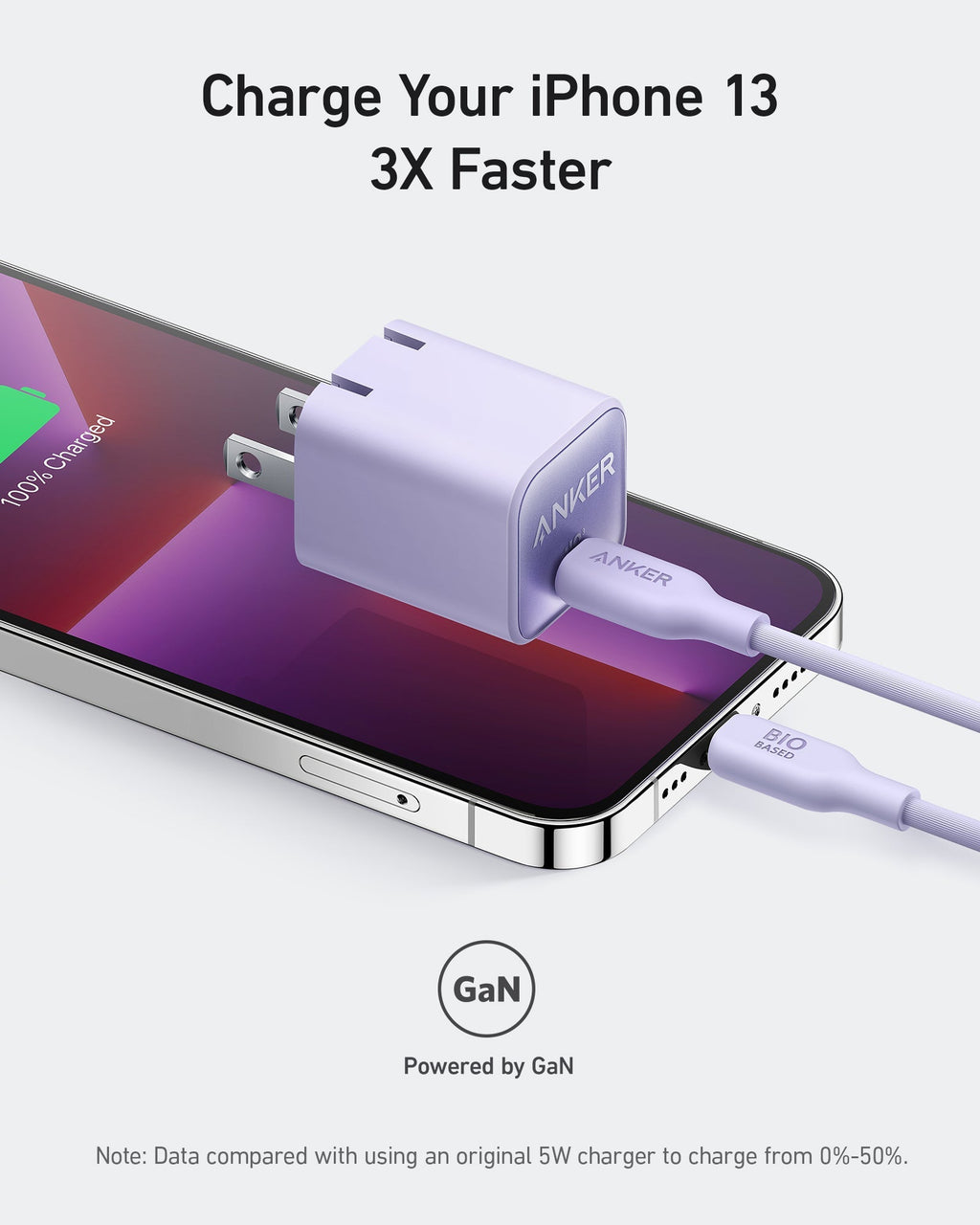 Purple charger charging phone.