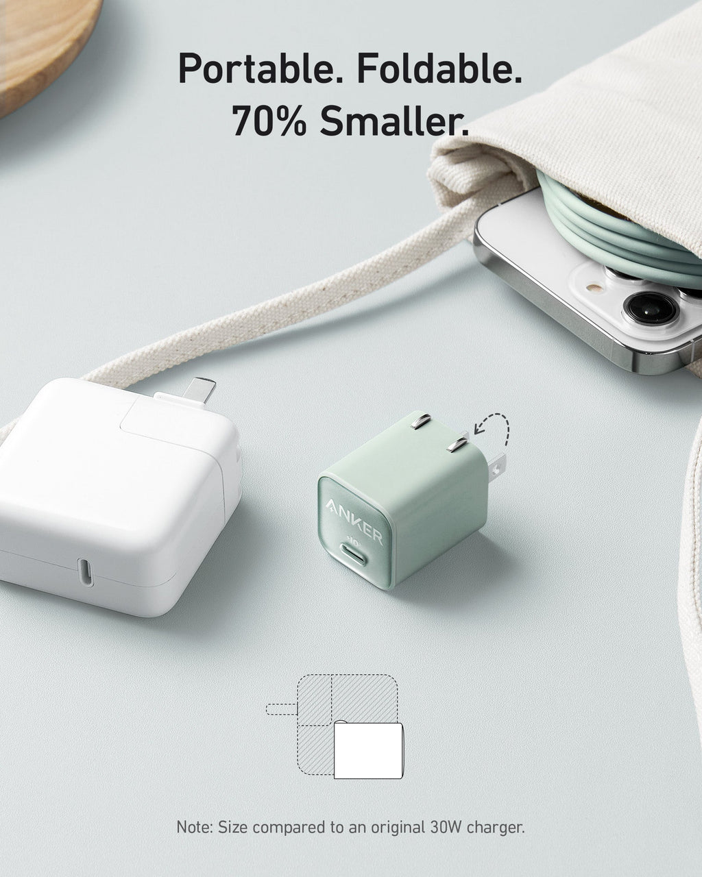 Pale green folding charger size comparison.