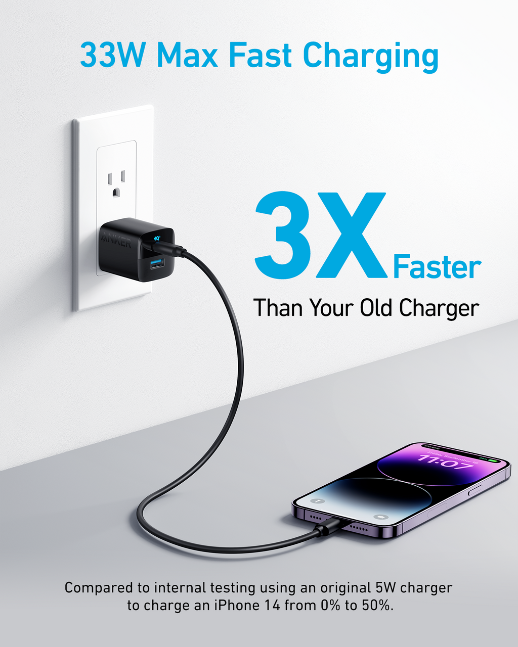 Black wall charger fast charging graphic.