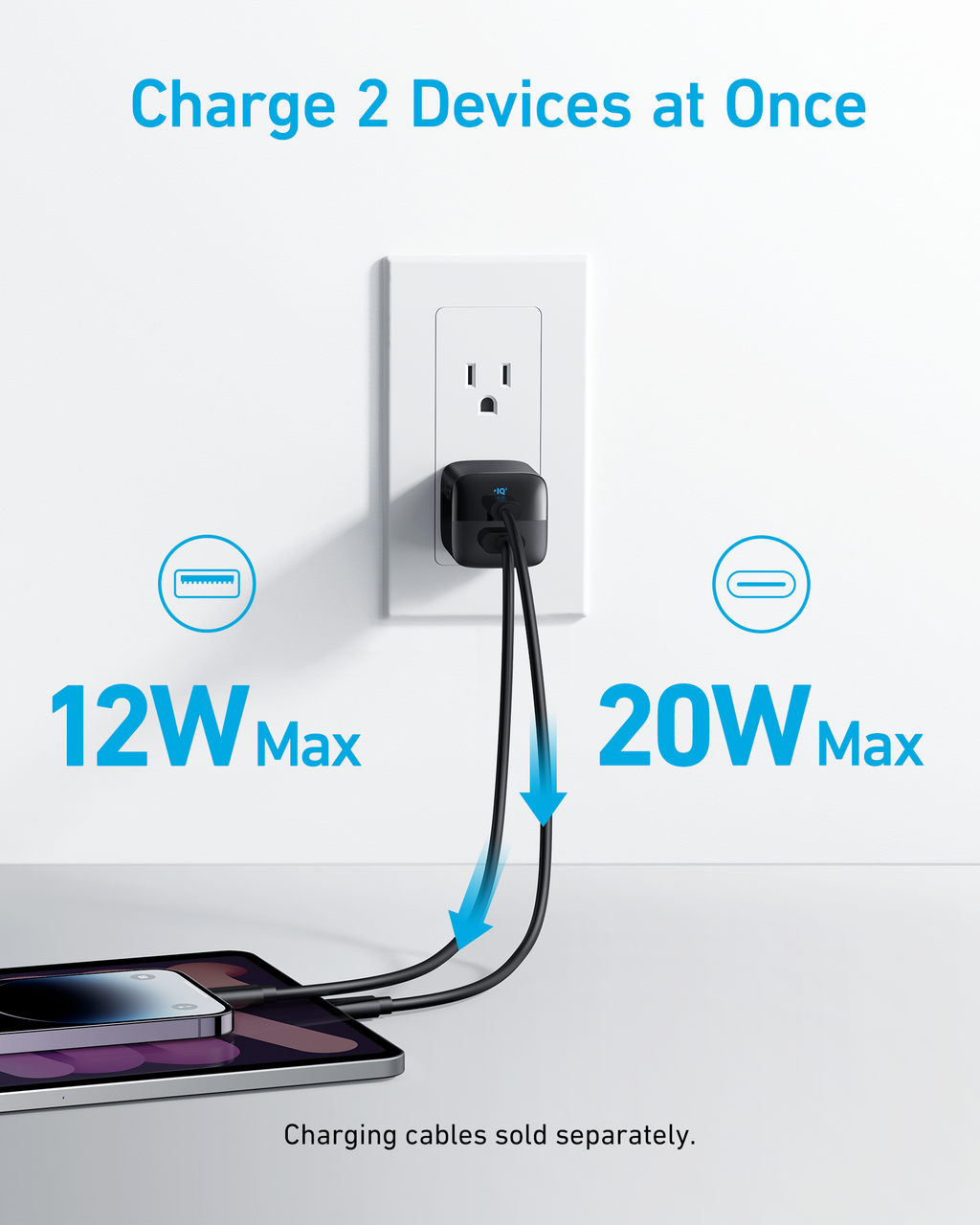 Black wall charger powering two devices.