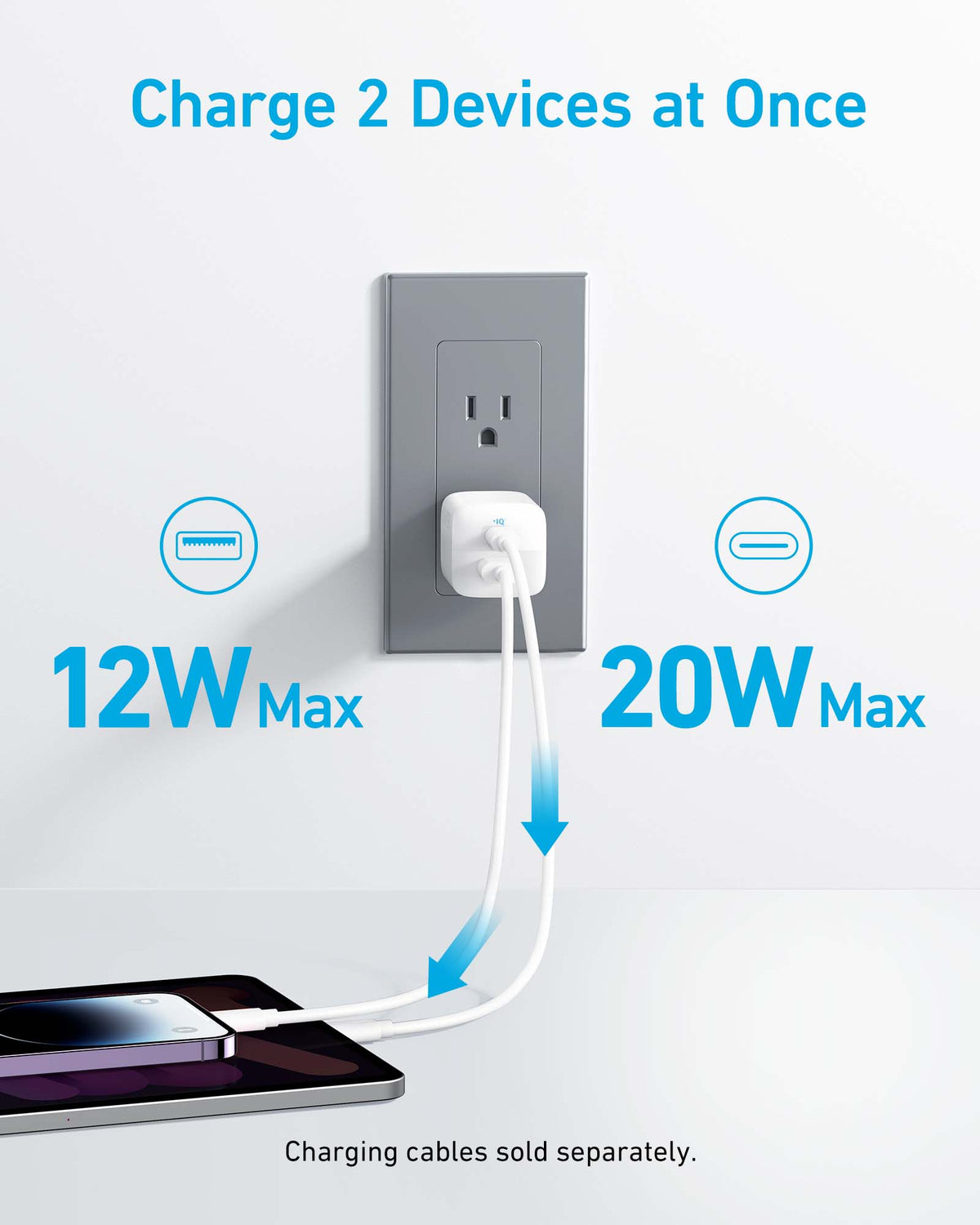 White wall charger powering two devices.