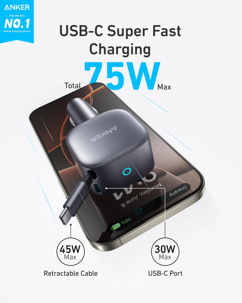Retractable car charger power graphic.