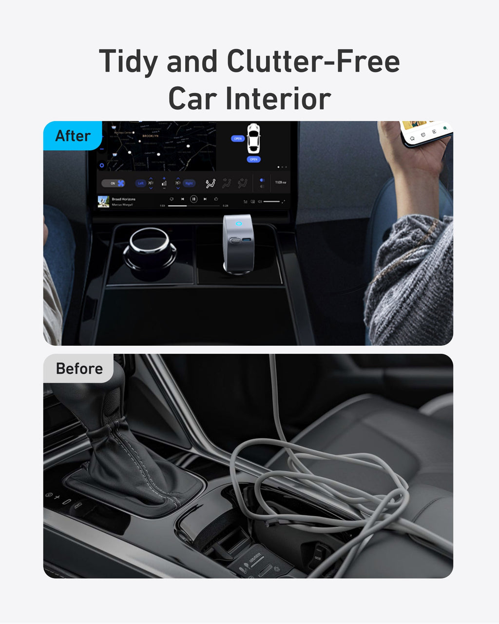 Car charger interior organization graphic.