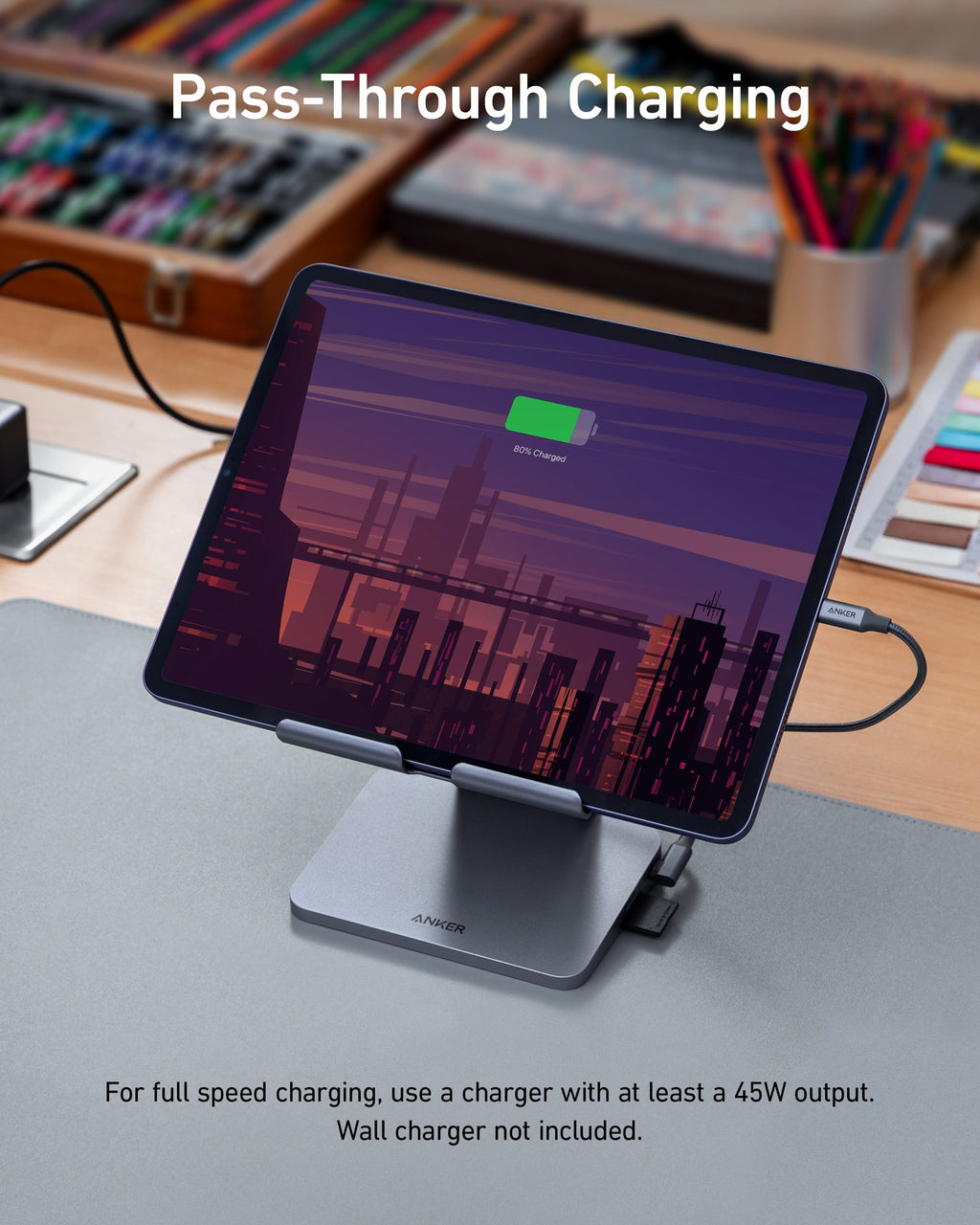 Tablet hub pass-through charging graphic.