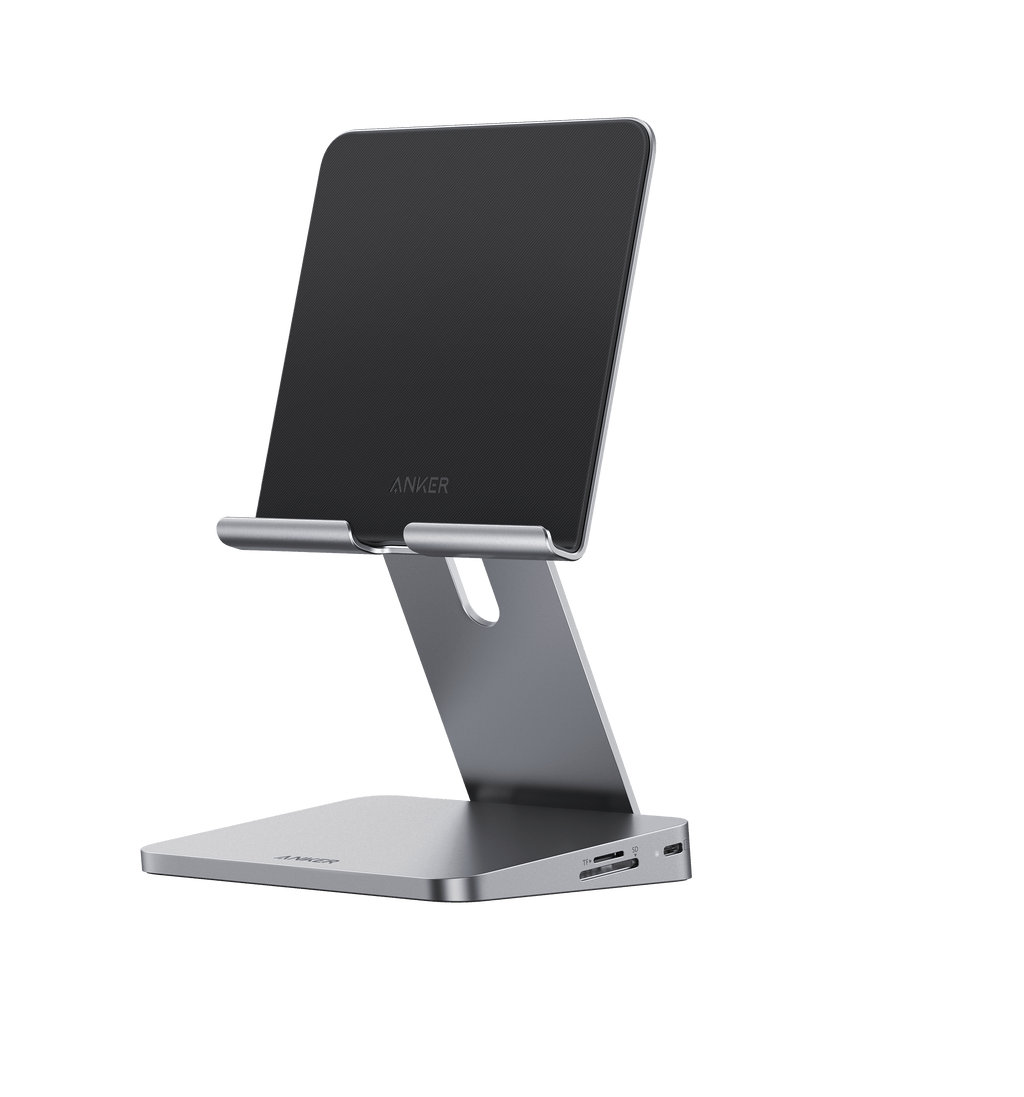 Tablet on adjustable stand.