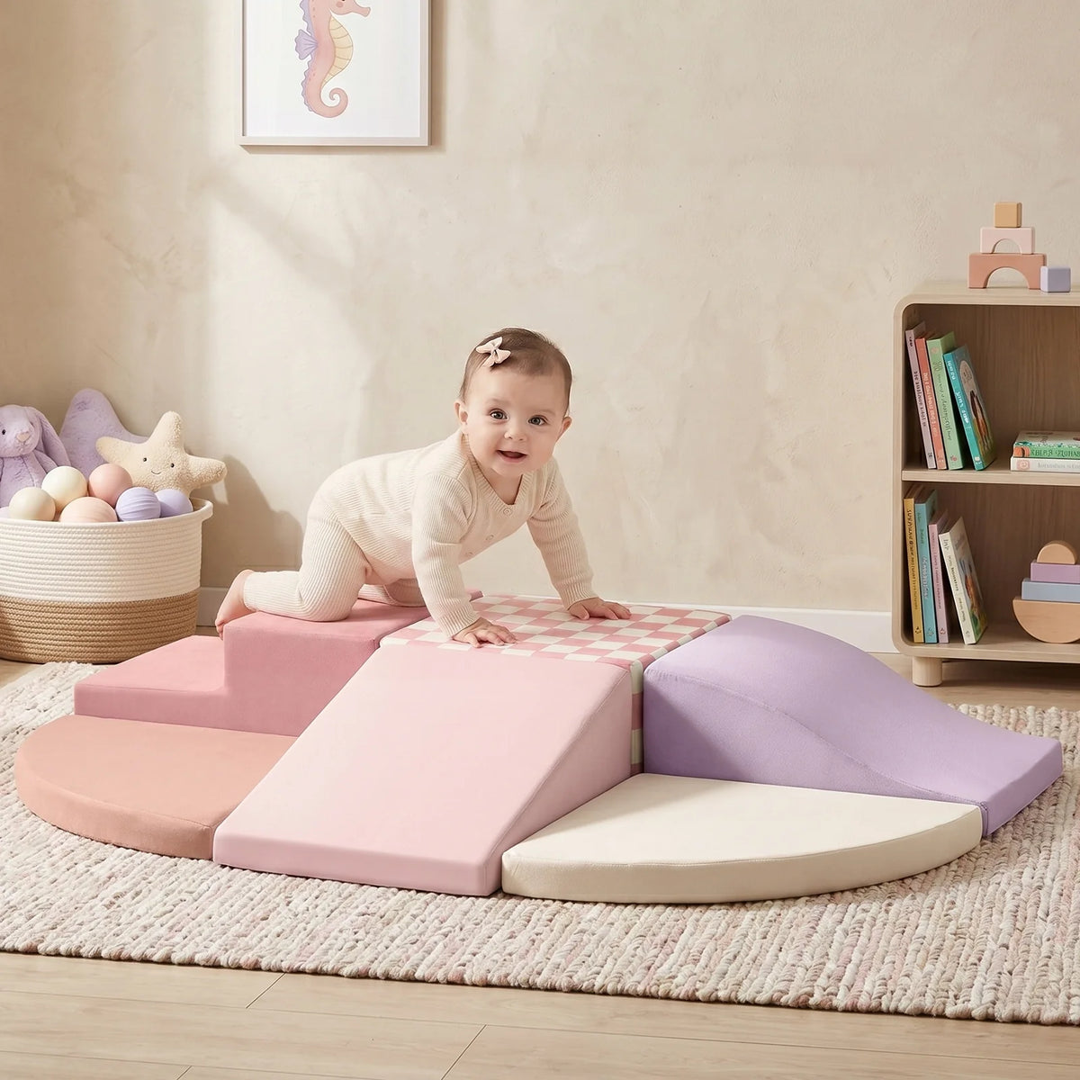 Toddler crawling on pink and purple foam climbing blocks.