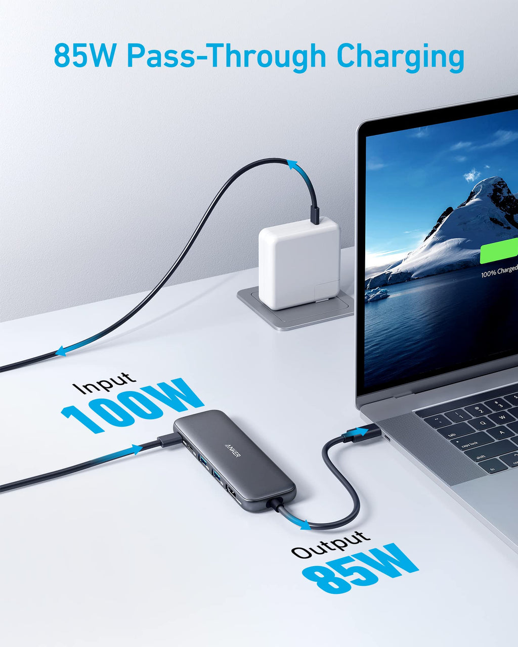 Computer hub pass-through charging graphic.