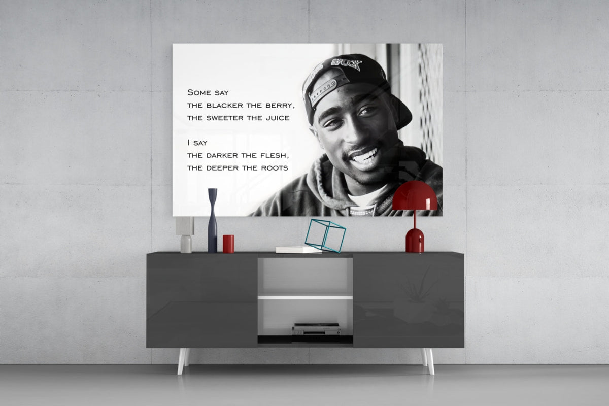 Smiling Rapper In Cap With Quote Glass Wall Art