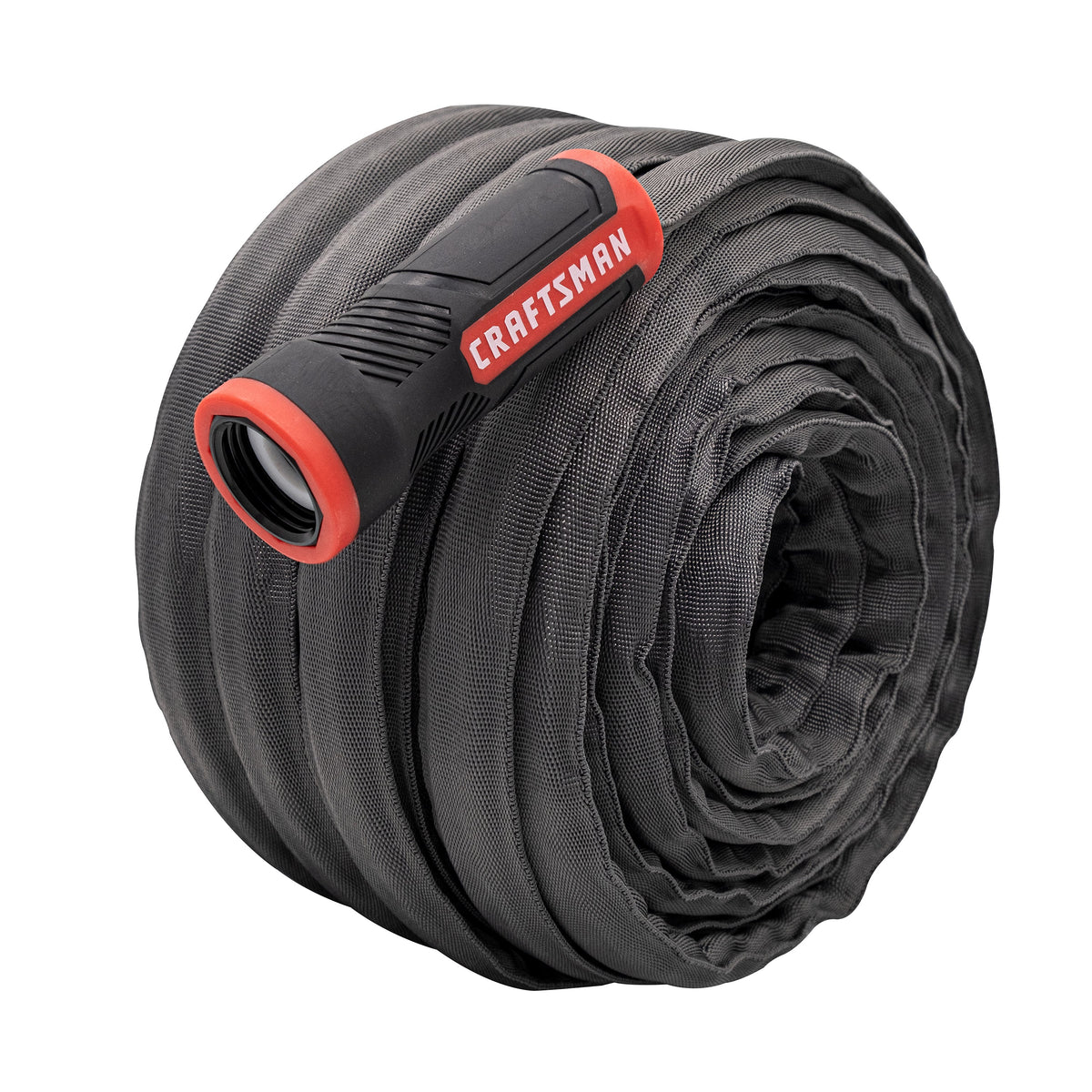Coiled black Craftsman hose with red connector.