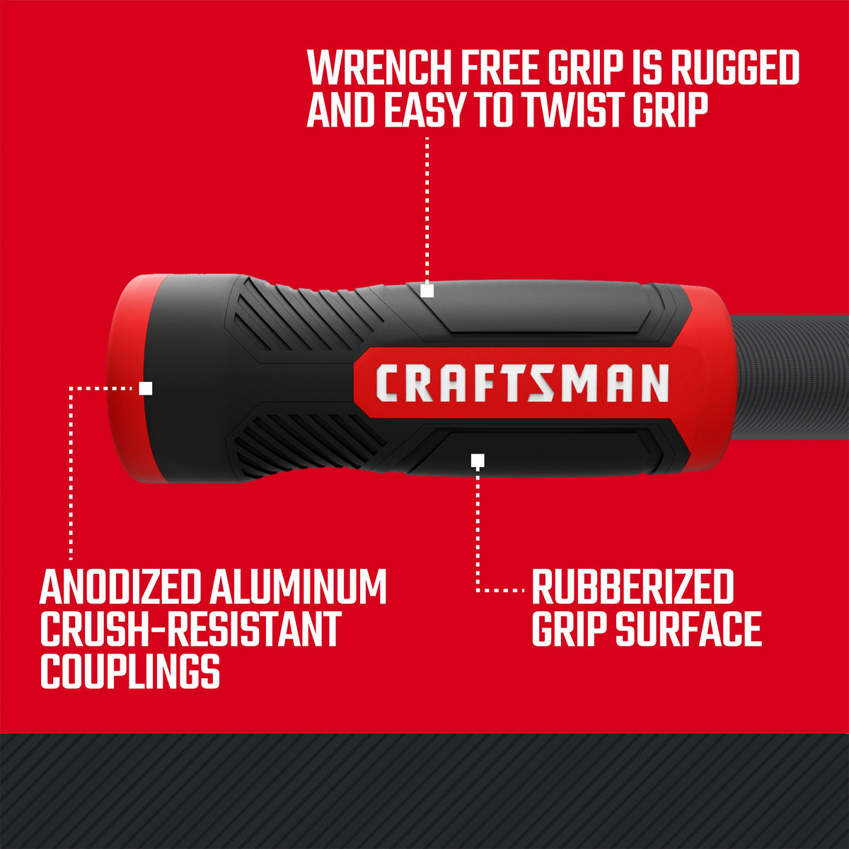Craftsman hose connector with grip and coupling features infographic.