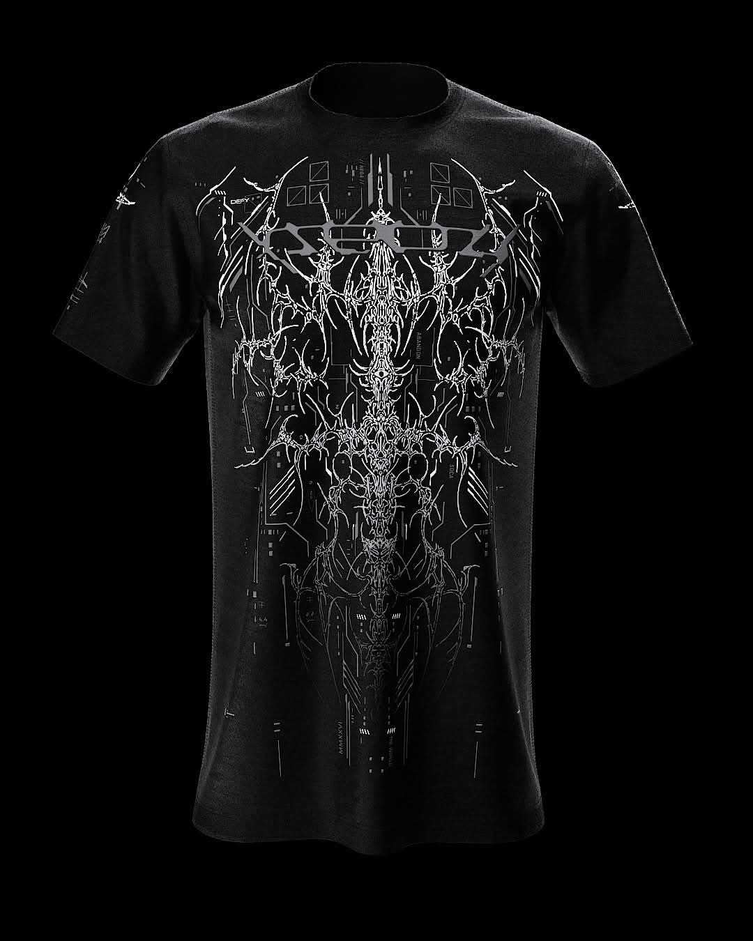 Front view of black T-shirt with fine gray ornamental artwork.