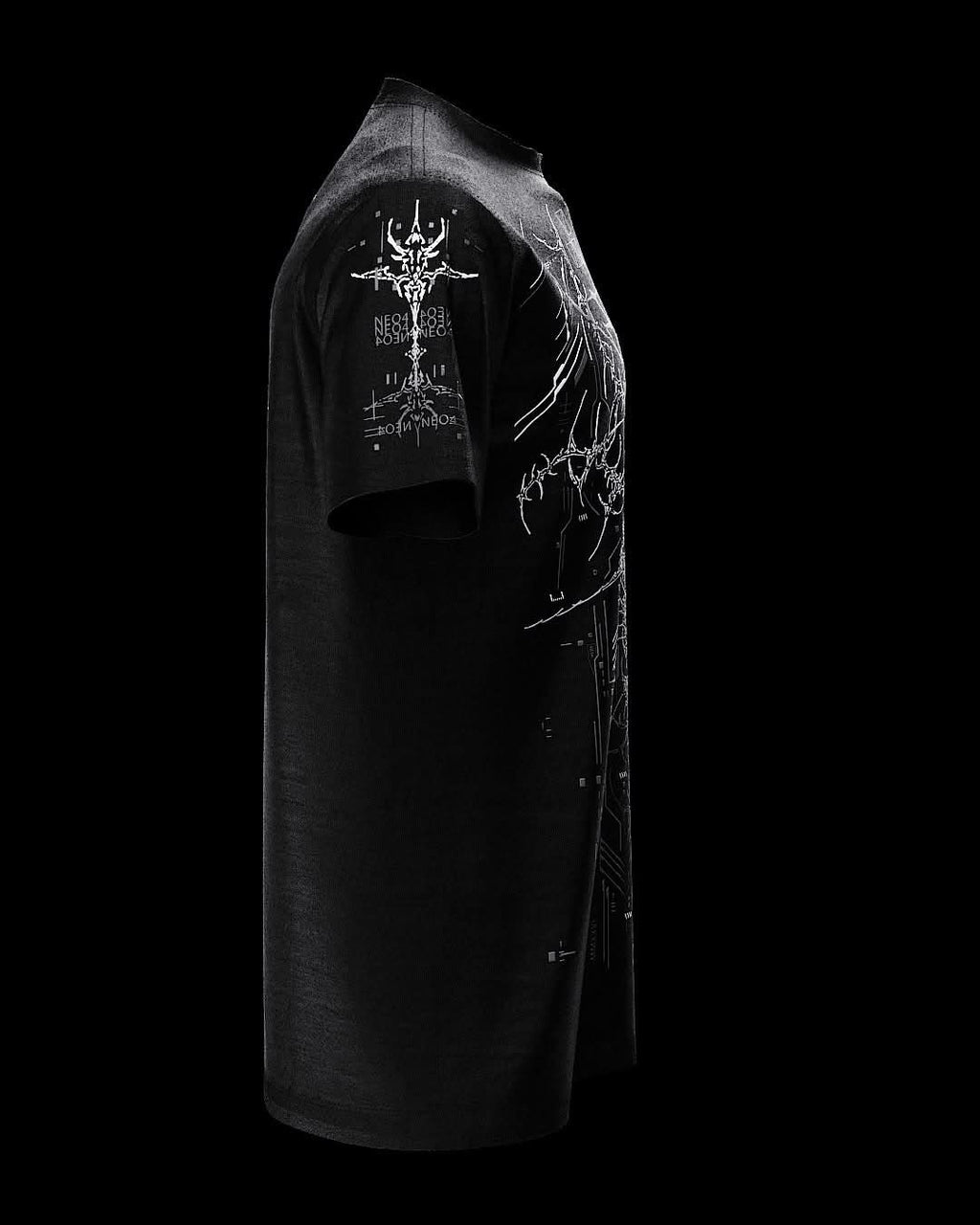Side view of black T-shirt with fine gray ornamental artwork.